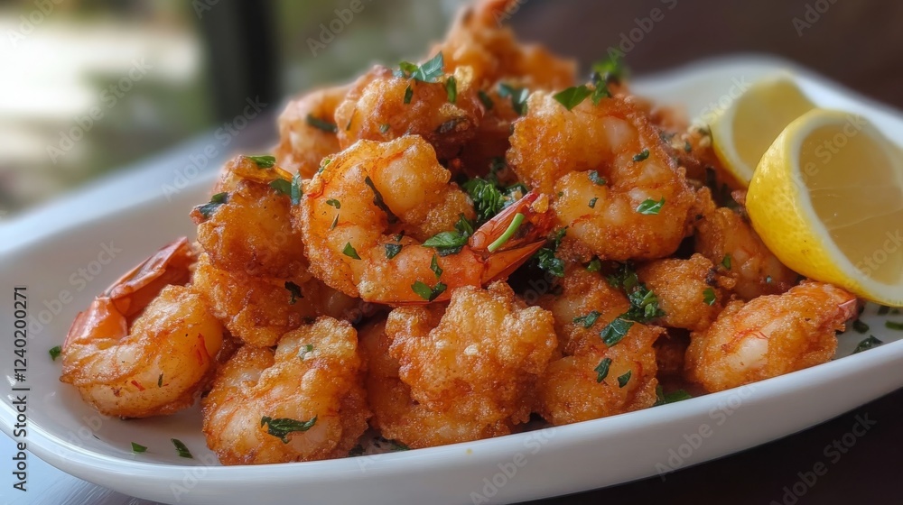 Fried shrimps on a plate with vegetables, Generative AI, Fried shrimps on a plate with vegetables, Generative AI,