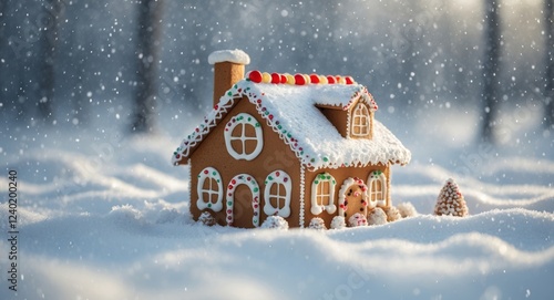 Gingerbread House with Icing Decorations in Snow photo