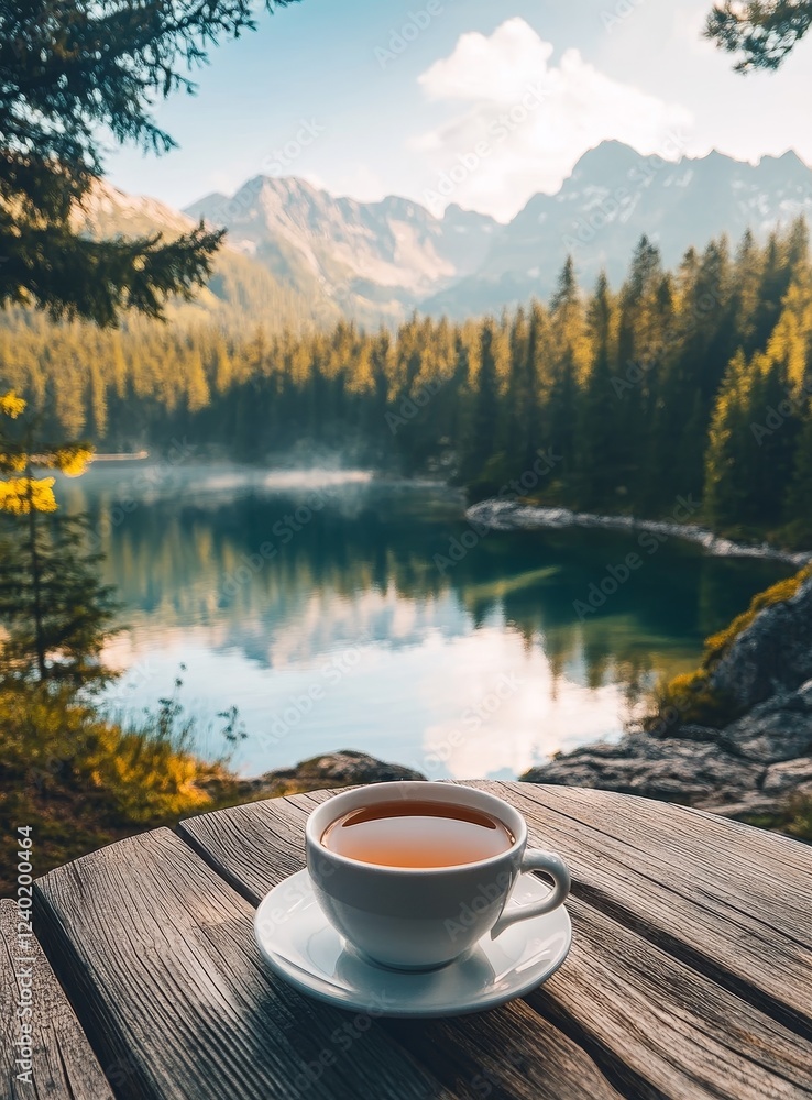 Serene mountain lake view with a cup of tea. Serene mountain lake view with a cup of tea.