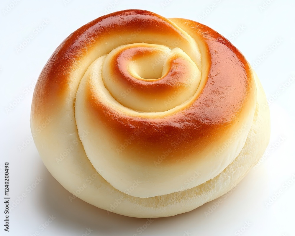 Close up of a single, round pastry shaped like a rose, with a light beige color and a glossy, golden brown glaze. The pastry is presented against a Close up of a single, round pastry shaped like a rose, with a light beige color and a glossy, golden brown glaze. The pastry is presented against a