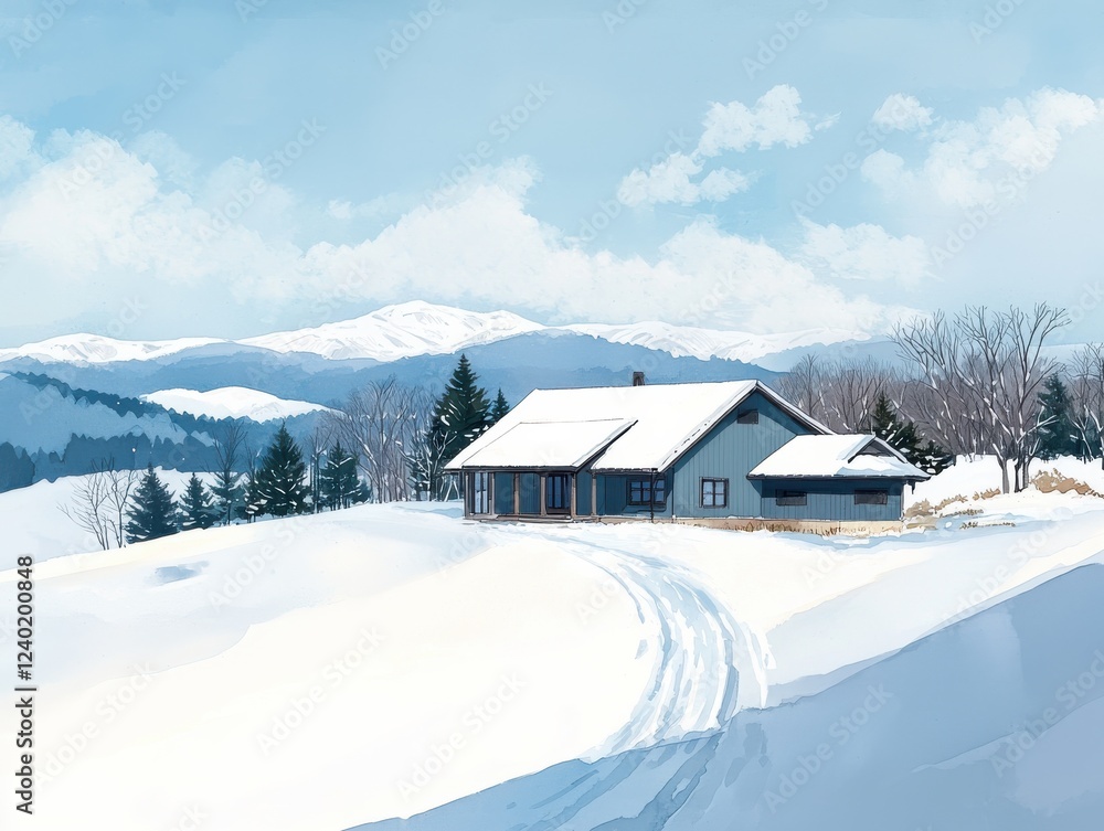 Tranquil snowy landscape featuring traditional japanese house serene winter scene soft ink tones Tranquil snowy landscape featuring traditional japanese house serene winter scene soft ink tones