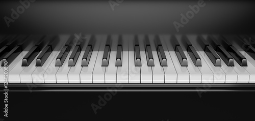 Black grand piano with white keyboard front view, 3D rendering image