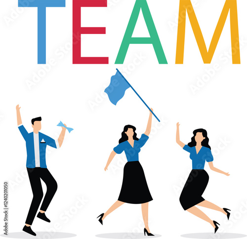 Leadership team leader to lead team to success, company ceo win business competition together, management or professional to reach goal or achievement, businessman leader hold winning flag with team