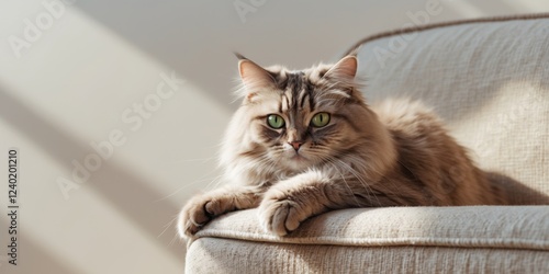 Fluffy domestic cat with green eyes claws at textured couch with neutral background and copy space for text. photo