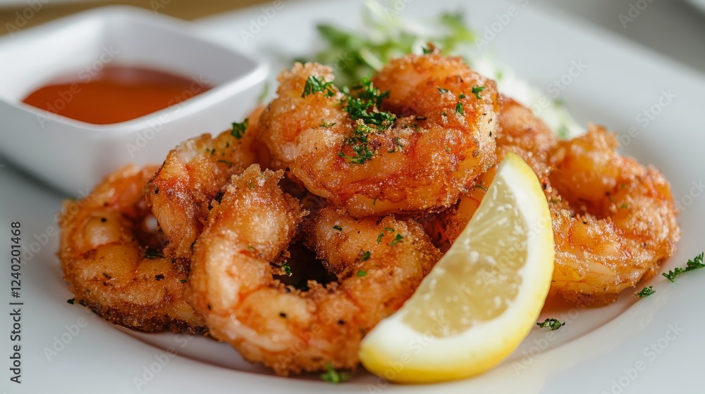 Fried shrimps on a plate with vegetables, Generative AI, Fried shrimps on a plate with vegetables, Generative AI,