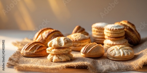 Rustic Biscuits and Pastries Presented on Burlap in Warm Lighting.