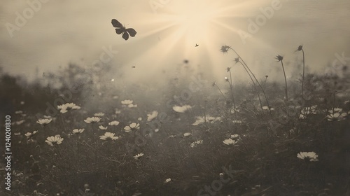 Sepia toned dreamy field with butterfly and cosmos flowers