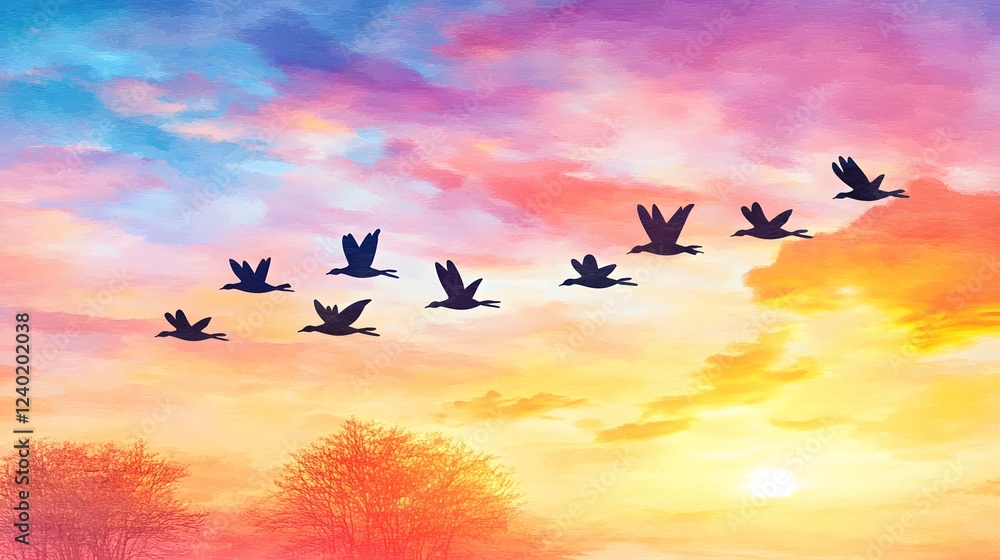 Obraz premium Silhouette Birds Flying Sunset Sky Landscape