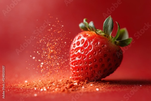 A single strawberry with red powder falling around it