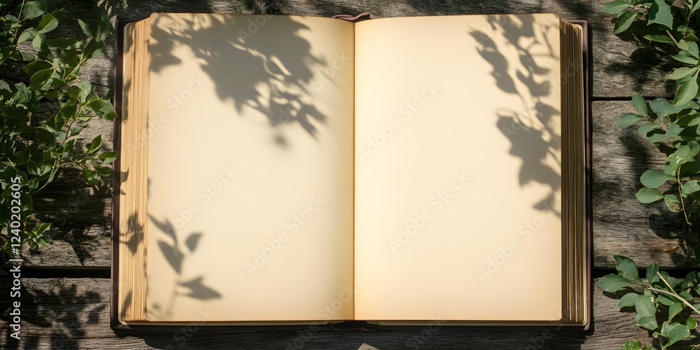 Fototapeta premium Open Antique Book with Leaf Shadows on Wood