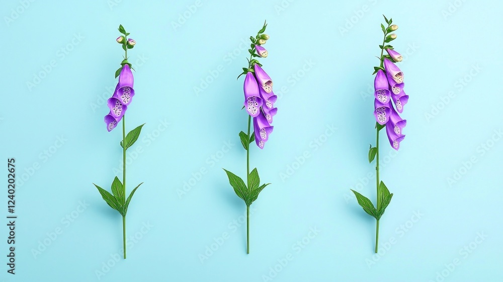 Obraz premium Three Purple Foxglove Flowers on Light Blue Background