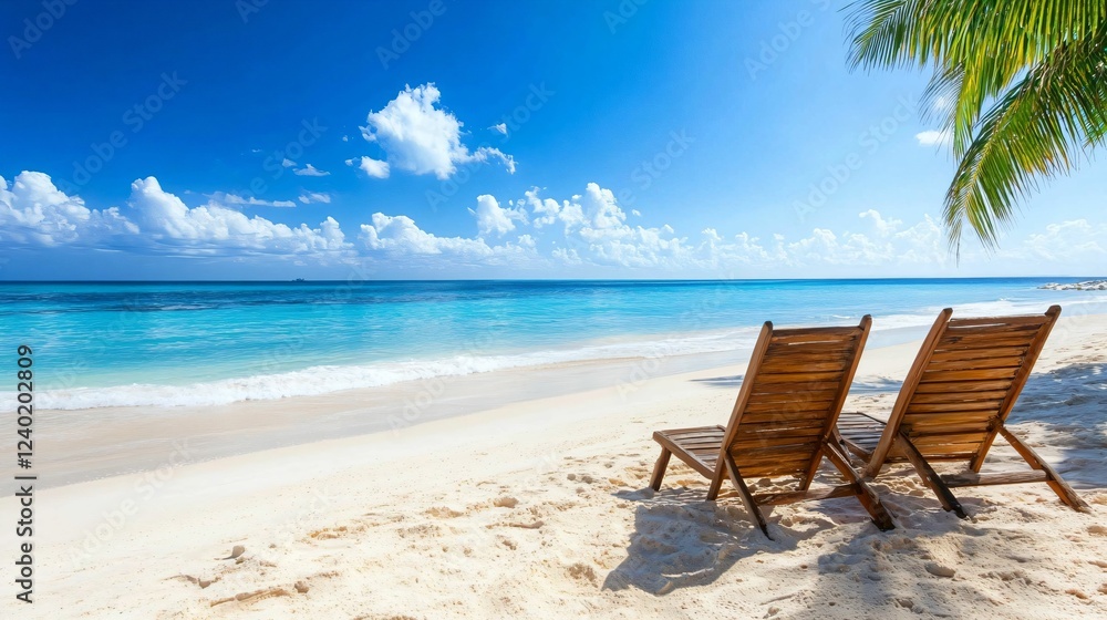 Serene Beach Scene with Wooden Chairs and Clear Blue Ocean Waves Serene Beach Scene with Wooden Chairs and Clear Blue Ocean Waves
