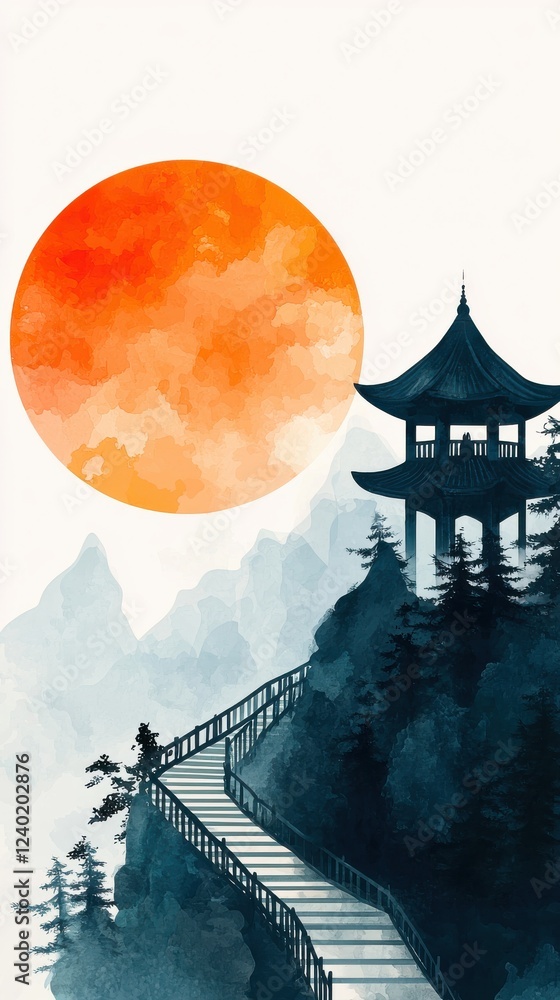 Fototapeta premium Serene sunrise mountain landscape japanese minimalist art tranquil environment artistic viewpoint