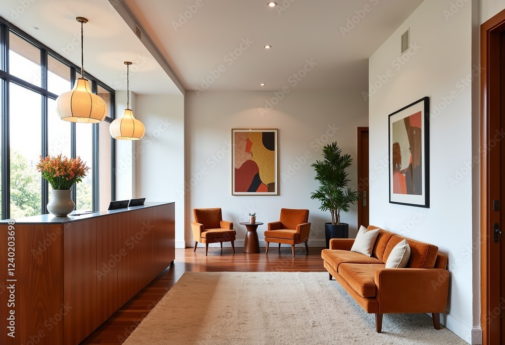 Fototapeta premium Santa Monica Style Hotel Reception: Luxury Design with Caramel Accents, Bright White Wall. Californian Lifestyle Photography.