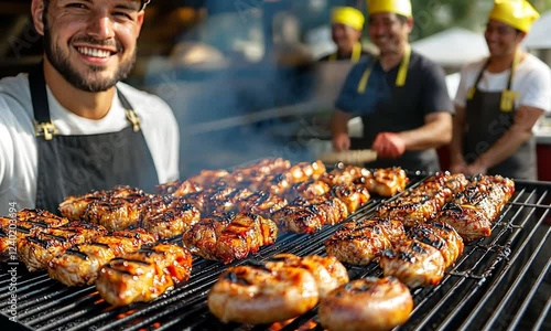 Grilling Delicious Sausages at a Summer Barbecue with Friends Smiling