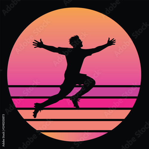 Soccer player Silhouette With sunset retro illustration Vector
