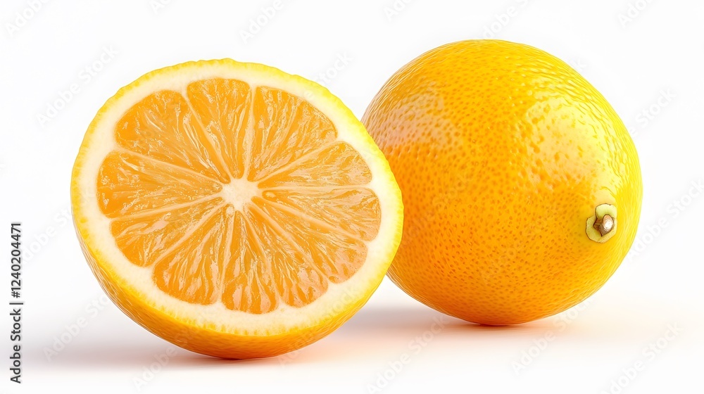 A halved lemon and a whole lemon on white background A halved lemon and a whole lemon on white background