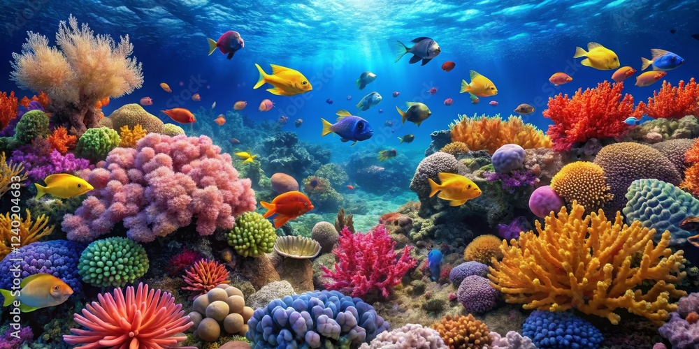 Obraz premium Vibrant Underwater Scene with Colorful Coral Reefs and Fish