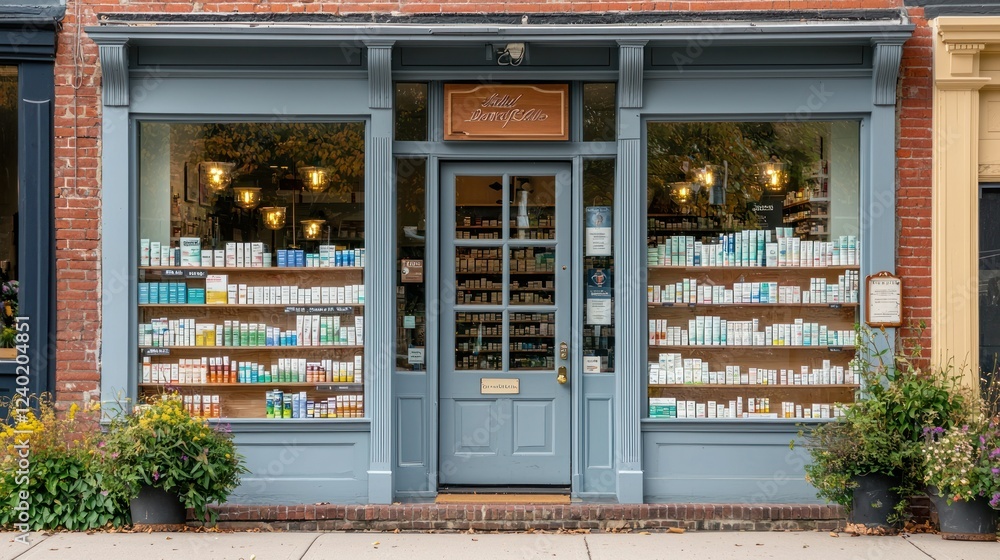 The storefront of a small, independent pharmacy with a welcoming entrance. The storefront of a small, independent pharmacy with a welcoming entrance.