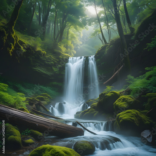 This breathtaking 8K photograph captures a serene waterfall hidden deep within a lush forest. The falls cascade gently over moss-covered rocks