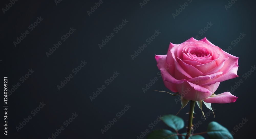 Fototapeta premium Dark background highlights a vibrant pink rose's beauty.