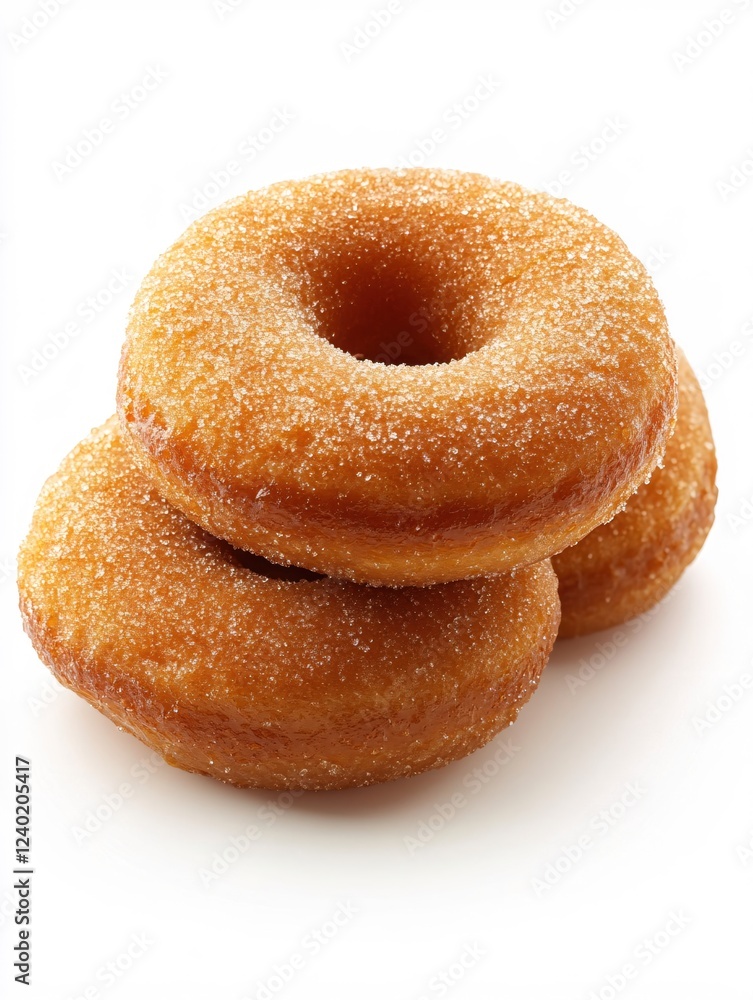 Three golden brown sugar donuts stacked on a white surface with a bright and clean aesthetic Three golden brown sugar donuts stacked on a white surface with a bright and clean aesthetic