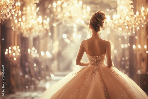 Elegant Debutante: A graceful debutante in a pale pink ball gown, attending a grand gala in an opulent ballroom with crystal chandeliers and soft lighting