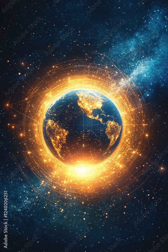 Obraz premium Glowing Earth surrounded by network of light in space with stars and dark blue background