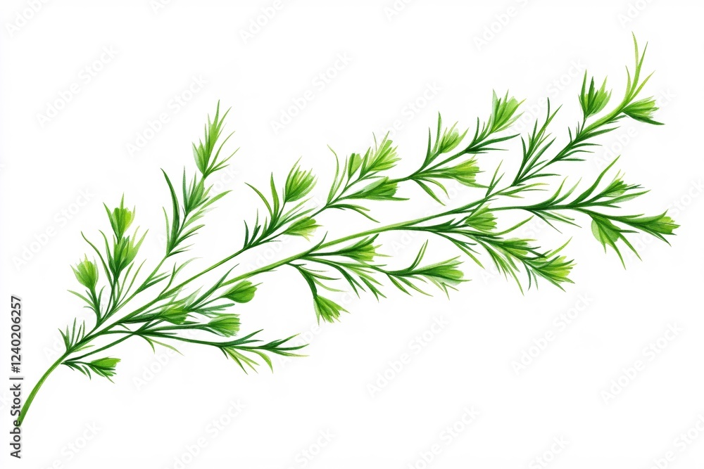 Delicate green foliage branch on white background botanical watercolor painting style nature Delicate green foliage branch on white background botanical watercolor painting style nature