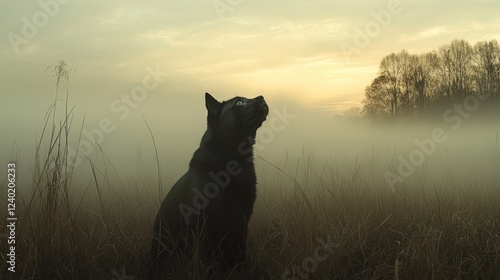 Dog watching sunrise in foggy field
