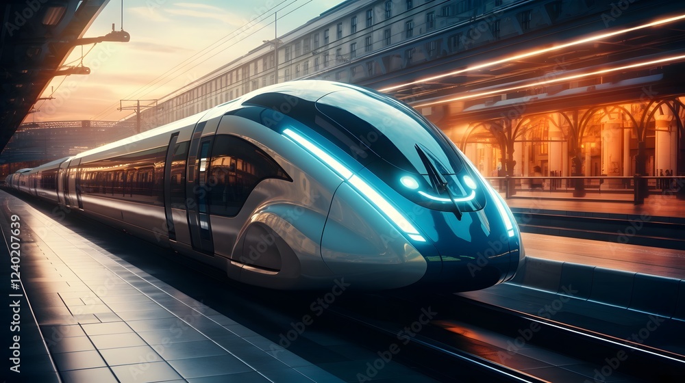 Sleek high speed train zooming through a futuristic city landscape with towering skyscrapers modern architecture and a dynamic urban skyline Sleek high speed train zooming through a futuristic city landscape with towering skyscrapers modern architecture and a dynamic urban skyline