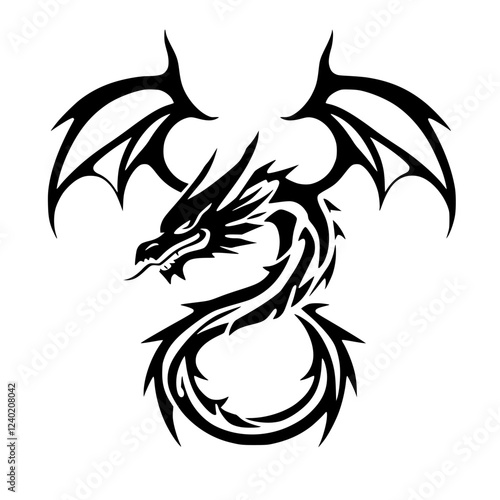 Tribal Dragon Tattoo Design: Black and White Mythical Creature Illustration