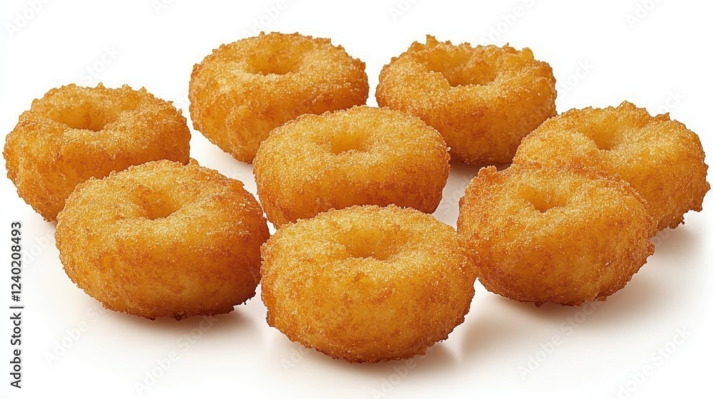 Ten golden brown, small, fried donut rings arranged on a white background. The donuts have a slightly rough texture. They are evenly spaced and look Ten golden brown, small, fried donut rings arranged on a white background. The donuts have a slightly rough texture. They are evenly spaced and look