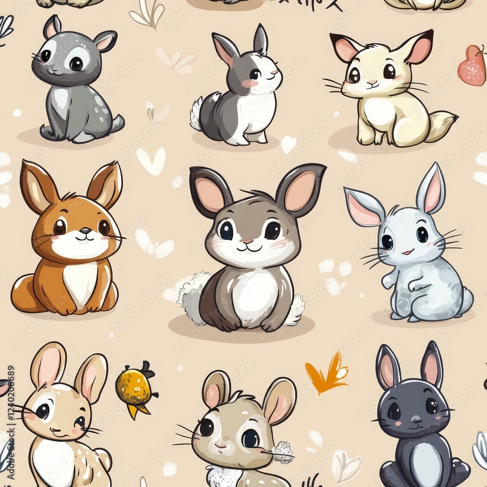 Seamless pattern with cute cartoon bunny and rabbit. Vector illustration. Seamless pattern with cute cartoon bunny and rabbit. Vector illustration.