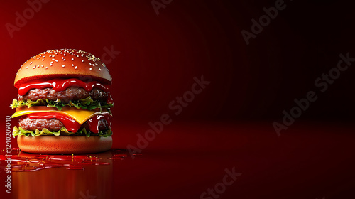 Juicy double burger, red background, delicious fast food, website banner