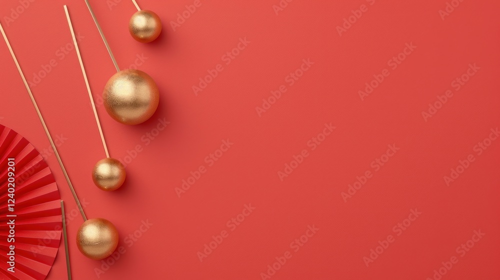 Obraz premium Chinese Red Background with Gold Elements and Decorative Fan for Festive Celebration Design