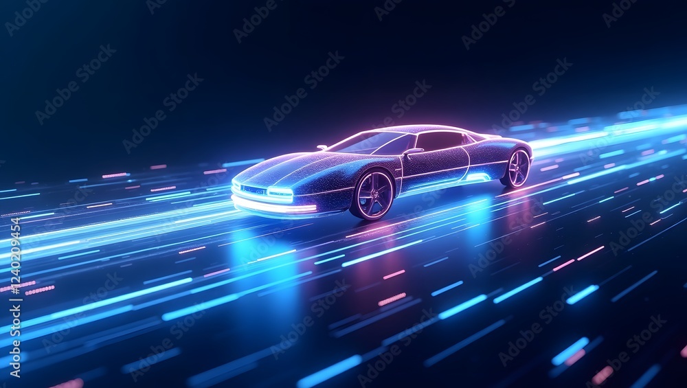 A high-tech holographic image of a futuristic transportation system, set against a gradient dark blue or purple background, conveying innovation and progress, with sleek and agile vehicles.