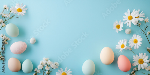 Osterkarte mit blauen Hintergrund. Bunte Ostereier am Rand mit Platz für Text in der mitte. Frohe Ostern  Osterkarte Werbeschild photo