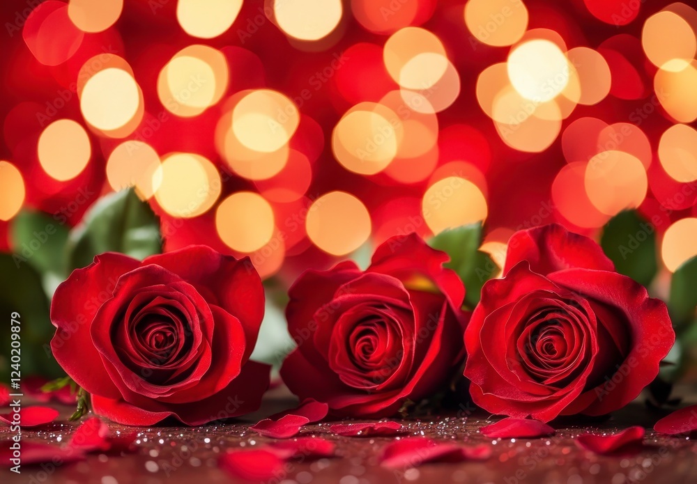 Three red roses with water droplets on petals against a bokeh background of red and gold lights. Rose petals are scattered on a dark surface Three red roses with water droplets on petals against a bokeh background of red and gold lights. Rose petals are scattered on a dark surface