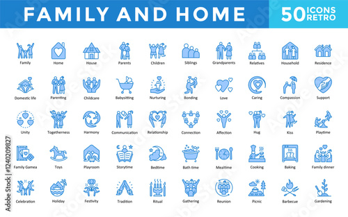 Family and Home icons set with family, home, house, parents, children, siblings, grandparents, relatives, household, residence icon. Simple retro vector 
