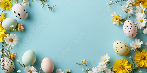 Osterkarte mit blauen Hintergrund. Bunte Ostereier am Rand mit Platz für Text in der mitte. Frohe Ostern  Osterkarte Werbeschild photo