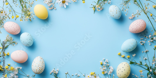 Osterkarte mit blauen Hintergrund. Bunte Ostereier am Rand mit Platz für Text in der mitte. Frohe Ostern  Osterkarte Werbeschild photo