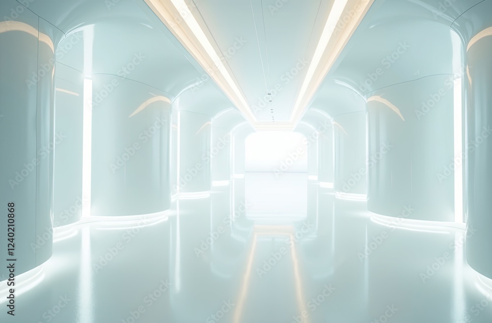 Naklejka premium Sleek and clean hallway with bright lighting and a reflective surface, creating a futuristic atmosphere.