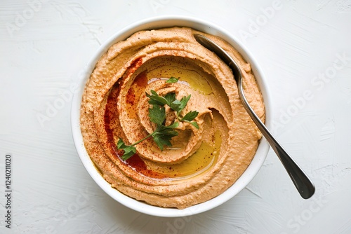 A photo of roasted red pepper hummus in a bowl