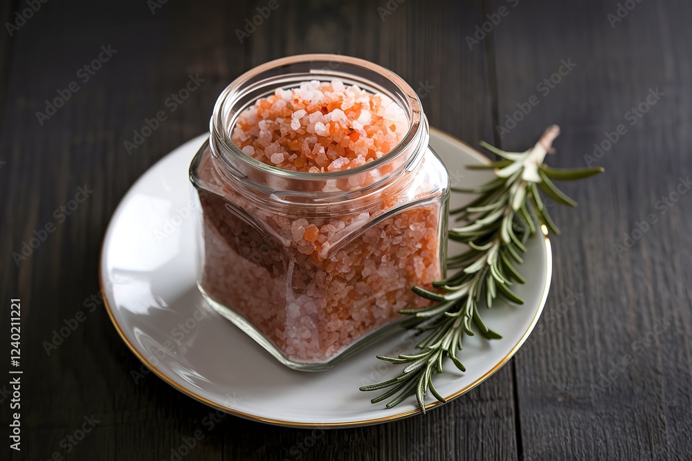 A photo of a clear jar filled with Himalayan salt A photo of a clear jar filled with Himalayan salt