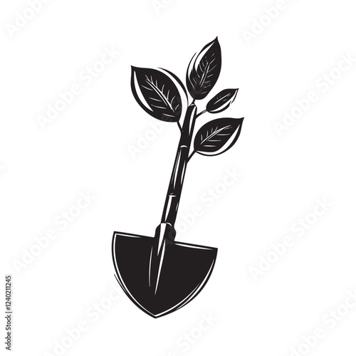 Black and White Gardener Logo: Shovel and Leaf Symbolizing Growth and Nature