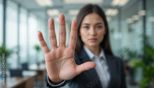 Stop, hand sign and woman with no gesture for sexual harassment and violence in workplace. Business professional