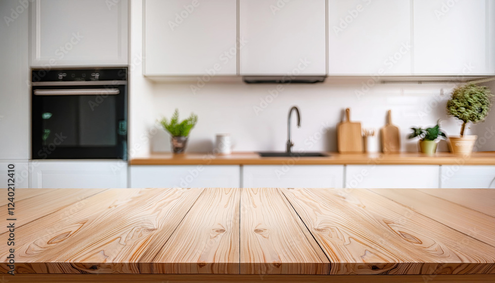 Wooden bar empty table in front of blurred in kitchen and warm lighting in natural light of cozy house background Wooden bar empty table in front of blurred in kitchen and warm lighting in natural light of cozy house background