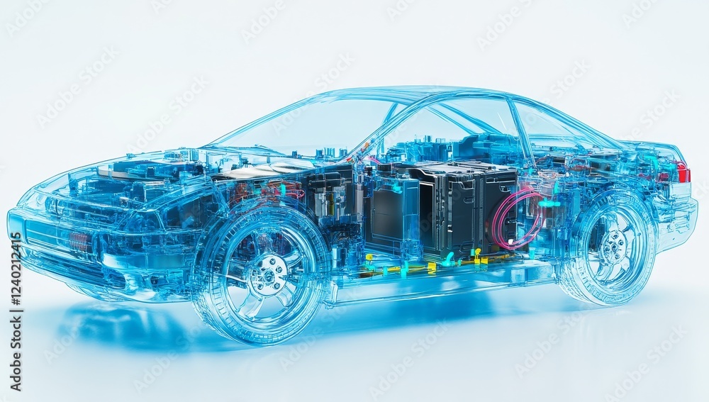 Transparent cutaway of a car showcasing its internal components and mechanics. Transparent cutaway of a car showcasing its internal components and mechanics.