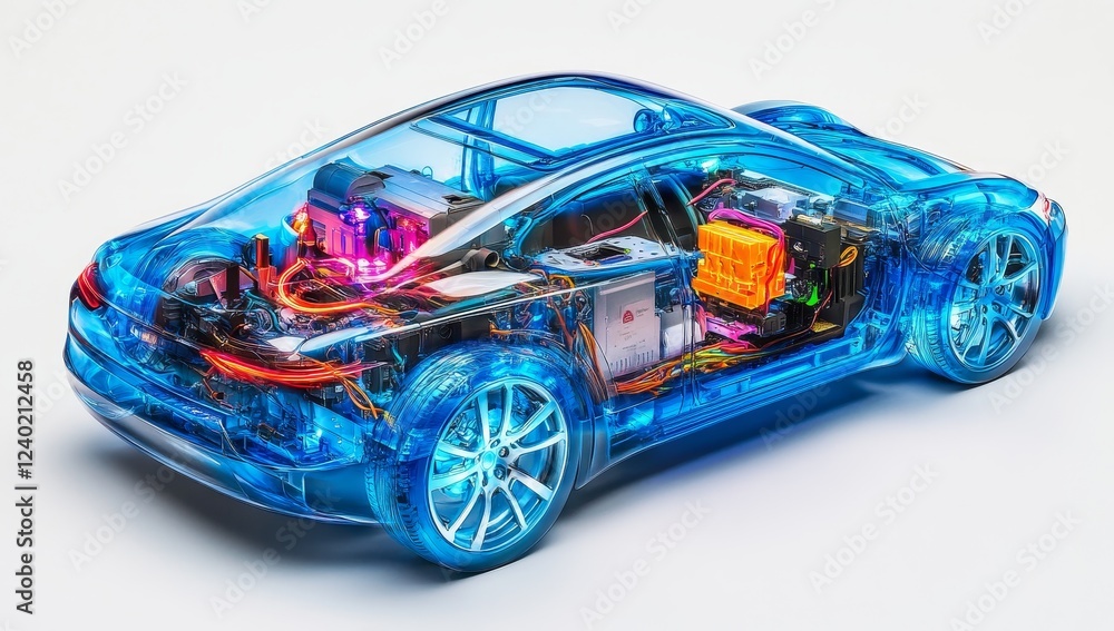 Transparent electric car showcasing internal components. Transparent electric car showcasing internal components.
